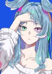  1girl absurdres bangs blue_background blue_eyes breasts cleavage collarbone elira_pendora hand_in_hair head_wings heterochromia highres jellen_aura long_hair looking_at_viewer nijisanji nijisanji_en portrait solo sweater virtual_youtuber white_sweater 