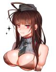  1girl antenna_hair bangs bare_shoulders bikini bikini_top black_necktie blunt_bangs breasts brown_bikini brown_gloves brown_hair cropped_torso dress dsr-50_(girls&#039;_frontline) elbow_gloves eyebrows_visible_through_hair girls&#039;_frontline gloves grey_dress hat large_breasts long_hair looking_at_viewer necktie red_eyes ribbed_dress seoki_(hi3031) simple_background solo sparkle swimsuit torn_clothes torn_gloves turtleneck upper_body white_background 