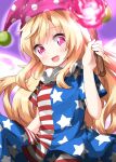  1girl :d american_flag_legwear american_flag_shirt bangs blonde_hair blue_pants blue_shirt blue_sleeves blush breasts clownpiece eyebrows_visible_through_hair fairy_wings fire hair_between_eyes hand_up hat highres jester_cap long_hair looking_at_viewer medium_breasts multicolored_clothes multicolored_pants multicolored_shirt one-hour_drawing_challenge open_mouth pants pink_eyes pink_fire pink_headwear polka_dot purple_background red_pants red_shirt red_sleeves ruu_(tksymkw) shirt short_sleeves simple_background sitting smile solo star_(symbol) star_print striped striped_pants striped_shirt torch touhou white_pants white_shirt white_sleeves wings 