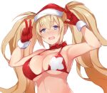  1girl bikini blush breasts cleavage fumikiri gambier_bay_(kancolle) gloves hands_up hat kantai_collection large_breasts long_hair looking_at_viewer open_mouth purple_eyes red_bikini red_gloves red_headwear santa_hat simple_background solo swimsuit twintails upper_body v w white_background 