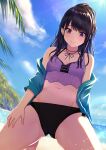  1girl 3: absurdres ass_visible_through_thighs bangs bare_shoulders barefoot beach bikini black_bikini black_hair black_neckwear black_ribbon blue_jacket blue_sky blush breasts cleavage closed_mouth cloud collarbone day eyebrows_visible_through_hair frown highres idolmaster idolmaster_shiny_colors jacket kazano_hiori kneeling long_sleeves looking_away looking_down mismatched_bikini miyar2d2 mole mole_under_mouth navel neck_ribbon off_shoulder open_clothes open_jacket outdoors pink_bikini ponytail purple_eyes ribbon sidelocks sky small_breasts solo sparkle sunlight swimsuit thighs 