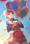  1girl :d aijou_karen backlighting balloon bangs belt blue_jacket blue_sky blurry blurry_foreground blush brown_eyes brown_hair buttons commentary_request cowboy_shot day dutch_angle epaulettes eyebrows_visible_through_hair falling_petals from_below gradient_sky hair_between_eyes half-closed_eyes hand_on_own_chest hands_up high_collar highres holding holding_balloon jacket long_sleeves looking_at_viewer miniskirt multicolored_clothes multicolored_jacket open_mouth outdoors petals red_jacket red_skirt shiny shiny_hair short_hair shoujo_kageki_revue_starlight single_stripe skirt sky smile solo sorano_(azu_mine) standing striped striped_skirt tassel teeth two_side_up upper_teeth waist_cape yellow_belt 