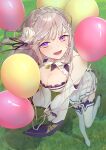  1girl absurdres balloon bare_shoulders breasts cleavage dress emilia_(re:zero) flower frills from_above gem grass hair_flower hair_ornament highres long_hair looking_at_viewer open_mouth purple_eyes re:zero_kara_hajimeru_isekai_seikatsu rose silver_hair white_flower white_rose yuzouni 