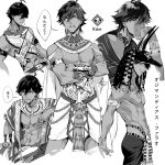  1boy abs angye_fdez ankh ankh_necklace armlet bangs collar crossed_arms earrings egyptian egyptian_clothes fate/grand_order fate/prototype fate/prototype:_fragments_of_blue_and_silver fate_(series) greyscale hat jewelry looking_at_viewer male_focus monochrome multiple_rings multiple_views navel nipples open_mouth ozymandias_(fate) ring short_hair smile toned toned_male translated usekh_collar vambraces white_background 