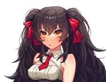  1girl :o bangs bare_shoulders big_hair black_hair breasts brown_eyes cleavage_cutout clothing_cutout eyebrows_visible_through_hair girls&#039;_frontline gradient_eyes hair_between_eyes hair_ribbon highres long_hair medium_breasts multicolored_eyes necktie orange_eyes red_eyes red_necktie red_ribbon ribbon seoki_(hi3031) shirt simple_background sleeveless sleeveless_shirt solo twintails type_97_(girls&#039;_frontline) underbust upper_body very_long_hair white_background white_shirt yellow_eyes 