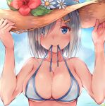  1girl bikini blue_bikini blue_eyes blush breasts cleavage closed_mouth collarbone day flower fumikiri hair_ornament hair_over_one_eye hairclip halterneck hamakaze_(kancolle) hands_on_headwear hat hat_flower kantai_collection large_breasts looking_at_viewer mouth_hold outdoors short_hair silver_hair skindentation smile solo sun_hat swimsuit untied untied_bikini upper_body 