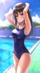  1girl arms_up black_hair blue_sky blue_swimsuit blurry blurry_background brown_eyes cloud cowboy_shot day depth_of_field highres long_hair new_school_swimsuit original outdoors pool school_swimsuit sky solo standing swimsuit yukemuriganmo 
