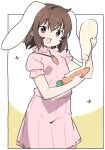  +_+ 1girl :3 animal_ears bangs breasts brown_hair carrot carrot_necklace check_commentary commentary_request cowboy_shot food highres holding holding_food inaba_tewi kt_kkz looking_at_viewer mayonnaise medium_hair one-hour_drawing_challenge open_mouth pink_shirt pink_skirt rabbit_ears red_eyes shirt skirt small_breasts smile solo sparkle squeeze_bottle touhou v-shaped_eyebrows white_background yellow_background 