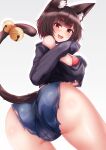  1girl :d absurdres animal_ears ass azur_lane bare_shoulders bell black_shirt blush bra breasts brown_eyes brown_hair cat_ears cat_girl cat_tail cowboy_shot fang from_behind from_below happy highres large_breasts leaning_forward looking_at_viewer looking_back medium_hair off-shoulder_shirt off_shoulder open_mouth red_bra red_eyes ryara shirt short_shorts shorts smile solo tail tail_bell tail_ornament thighs torn_clothes torn_shirt torn_shorts underboob underwear very_long_sleeves yamashiro_(azur_lane) yamashiro_(vacation_offensive!)_(azur_lane) 