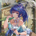  1girl alternate_eye_color alternate_hair_color bag bangs bare_shoulders blue_eyes blue_hair blue_nails breasts cafe city cleavage dress earrings grin hair_between_eyes hair_ornament holding holding_umbrella honkai_(series) honkai_impact_3rd jewelry long_hair looking_at_viewer off-shoulder_dress off_shoulder open_mouth outdoors ponytail raiden_mei raiden_mei_(lightning_empress) shopping_bag short_sleeves smile solo summer_uniform teeth umbrella watch zombie-andy 