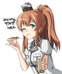  1girl bangs blue_eyes breast_pocket brown_hair bubble_tea character_name dated dress eating food green_eyes hair_between_eyes kantai_collection long_hair monsuu_(hoffman) one-hour_drawing_challenge one_eye_closed pizza pocket ponytail remodel_(kantai_collection) saratoga_(kancolle) side_ponytail sidelocks simple_background smokestack smokestack_hair_ornament solo upper_body white_background white_dress 