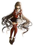  1girl absurdly_long_hair arm_support bangs black_sailor_collar bow bowtie breasts brown_footwear brown_hair collarbone criis-chan danganronpa_(series) danganronpa_v3:_killing_harmony eyebrows_visible_through_hair full_body hair_ornament hairclip harukawa_maki long_hair looking_at_viewer medium_breasts plaid plaid_skirt pout red_legwear red_shirt sailor_collar school_uniform shiny shiny_hair shirt shoes simple_background sitting skirt thighhighs very_long_hair white_background white_bow white_bowtie zettai_ryouiki 