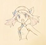  1girl :o absurdres bandana bangs bare_arms breasts eyebrows_visible_through_hair hat highres looking_away may_(pokemon) open_mouth pokemon pokemon_(game) pokemon_emerald pokemon_rse sketch sleeveless solo teeth upper_body upper_teeth yoshi_(moco1) 