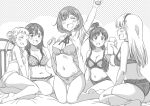  5girls arashi_chisato arm_up ass asymmetrical_bangs bangs barefoot bed blush bow bow_panties bra breasts camisole cleavage closed_eyes double_bun glass greyscale hair_ornament hazuki_ren headband heanna_sumire hug lace lace-trimmed_bra lace-trimmed_panties lace_trim large_breasts lingerie love_live! love_live!_superstar!! marugoshi_teppei medium_breasts medium_hair monochrome multiple_girls navel panties ponytail shibuya_kanon short_hair simple_background small_breasts tang_keke thighhighs thighs tight underwear 