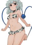  1girl animal_print bare_arms bare_legs bare_shoulders barefoot bikini blush breasts closed_mouth commentary_request cow_print eyeball eyebrows_visible_through_hair geppewi green_eyes green_hair highres komeiji_koishi navel short_hair simple_background small_breasts solo swimsuit third_eye touhou wavy_hair white_background white_bikini 