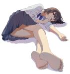  1girl artist_name barefoot brown_hair full_body lying mattaku_mousuke on_side one_eye_closed original school_uniform short_hair sleepy soles solo watermark white_background 