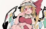  1girl bangs blonde_hair blush bow breasts bright_pupils dress ears_visible_through_hair eyebrows_visible_through_hair feet_out_of_frame flandre_scarlet hair_between_eyes hand_up hat hat_bow large_breasts looking_at_viewer looking_to_the_side massakasama one_side_up open_mouth red_bow red_dress red_eyes sharp_teeth simple_background solo teeth touhou upper_teeth white_background white_pupils wings 
