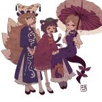  3girls adapted_costume animal_ear_fluff animal_ears asymmetrical_legwear bangs blonde_hair blue_eyes breasts brown_hair cat_ears chen commentary_request earrings eyebrows_visible_through_hair eyeshadow flame_print fox_tail gap_(touhou) gloves hair_between_eyes hand_to_own_mouth hat headwear_removed highres jewelry large_breasts long_sleeves looking_at_viewer makeup mob_cap multiple_girls multiple_tails nekomata oil-paper_umbrella red_eyes red_eyeshadow shoes short_hair short_sleeves sidelocks simple_background single_earring smile sokura_(mochichitose) standing tabard tail tassel touhou two_tails umbrella uneven_legwear white_background white_gloves white_legwear yakumo_ran yakumo_yukari yin_yang yin_yang_print 