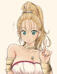  1girl bangs bare_shoulders blonde_hair blue_eyes breasts choker chrono_trigger collarbone hand_up highres index_finger_raised jewelry kajino_(aosansai) large_breasts long_hair looking_at_viewer marle_(chrono_trigger) necklace parted_lips pendant ponytail simple_background smile solo upper_body 