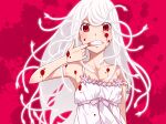  1girl alternate_eye_color alternate_hair_color alternate_hair_length alternate_hairstyle bare_shoulders blood blood_on_arm blood_on_chest blood_on_clothes blood_on_face blood_splatter blush bow breasts collarbone dress dress_bow finger_in_mouth highres long_hair looking_at_viewer monogatari_(series) mouth_pull pulling purple_bow red_background red_eyes sengoku_nadeko sleeveless sleeveless_dress small_breasts snake snake_hair solo spaghetti_strap spoilers strap_slip sundress teeth upper_body very_long_hair white_dress white_hair yamanami_kousuke 