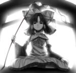  1girl ascot bangs black_eyes black_hair bow closed_mouth collarbone collared_dress commentary crossed_legs detached_sleeves dress frilled_bow frills from_below gohei greyscale hair_bow hair_tubes hakurei_reimu looking_at_viewer m.u.g.e.n medium_hair monochrome nontraditional_miko ribbon-trimmed_sleeves ribbon_trim rion_(glayjirobass) sidelocks sitting solo torii touhou white_background white_bow white_dress wide_sleeves 