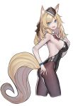  1girl animal_ear_fluff animal_ears arknights armpits backless_leotard bare_shoulders black_headwear black_leotard blonde_hair blue_eyes bow bowtie bracelet breasts brown_legwear cropped_legs detached_collar echj eyebrows_visible_through_hair fang from_side hair_ribbon hand_on_own_chest hat highleg highleg_leotard highres horse_ears horse_girl horse_tail jewelry large_breasts leotard long_hair looking_at_viewer open_mouth pantyhose playboy_bunny_leotard revision ribbon short_eyebrows simple_background skin_fang smile solo strapless strapless_leotard tail whislash_(arknights) white_background 