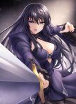  1girl artoria_pendragon_(fate) ayra_(fire_emblem) bangs black_hair breasts cleavage cosplay crossover dress fate/grand_order fate_(series) fire_emblem fire_emblem:_genealogy_of_the_holy_war floating_hair hair_between_eyes holding holding_sword holding_weapon large_breasts long_hair long_sleeves looking_at_viewer open_mouth purple_dress purple_eyes saber_alter saber_alter_(cosplay) shiny shiny_hair shrug_(clothing) solo standing sword ten_(tenchan_man) v-shaped_eyebrows very_long_hair weapon wide_sleeves 