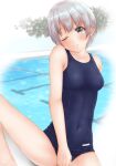  1girl absurdres blush bob_cut ca_paria closed_mouth eyebrows_visible_through_hair grey_hair highres idolmaster idolmaster_cinderella_girls legs looking_at_viewer md5_mismatch one-piece_swimsuit one_eye_closed otokura_yuuki pool poolside resolution_mismatch school_swimsuit short_hair sitting smile solo source_smaller swimsuit thighs unfinished unfinished_background 