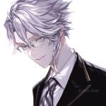  1boy azul_ashengrotto bangs black_jacket blue_eyes glasses highres jacket koshika_rina looking_at_viewer male_focus mole mole_under_mouth necktie night_raven_college_uniform school_uniform shirt short_hair silver_hair smile solo twisted_wonderland twitter_username upper_body white_background white_shirt 