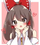  +_+ 1girl artist_name bangs bare_shoulders blush border bow brown_eyes brown_hair collar collared_dress detached_sleeves dress eyebrows_visible_through_hair eyes_visible_through_hair hair_between_eyes hair_ornament hair_tubes hakurei_reimu hands_up heart heart_print highres long_sleeves looking_at_viewer medium_hair necktie open_mouth pink_background red_bow red_dress red_heart shinonome_asu simple_background solo star-shaped_pupils star_(symbol) symbol-shaped_pupils teeth touhou white_border wide_sleeves yellow_necktie 
