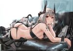  1girl arknights artist_name ass bikini black_bra black_panties bra breasts clothes_pull commentary couch dated ear_piercing elite_ii_(arknights) hair_ornament hand_on_own_cheek hand_on_own_face highres horns long_hair looking_at_viewer lying medium_breasts mudrock_(arknights) on_couch on_side oripathy_lesion_(arknights) panties pants pants_pull piercing pointy_ears red_eyes sawkm silver_hair sketch solo sports_bra swimsuit underwear white_pants 