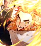  1boy absurdres arms_up black_jacket blonde_hair cloak commentary_request fire forehead highres jacket kimetsu_no_yaiba long_sleeves male_focus multicolored_hair open_mouth red_hair rengoku_kyoujurou signature sofra solo teeth thick_eyebrows twitter_username two-tone_hair upper_body upper_teeth white_cloak yellow_eyes 
