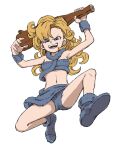  1girl ayla_(chrono_trigger) blonde_hair blue_eyes breasts chrono_trigger club_(weapon) curly_hair highres long_hair looking_at_viewer navel open_mouth scarf simple_background smile solo weapon white_background yamamoto_souichirou 