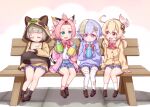  4girls :d ahoge alternate_costume animal_ears animal_hood bandaged_leg bandages bangs bangs_pinned_back bench black_legwear blonde_hair blue_skirt bottle bow bowtie braid braided_ponytail brown_cardigan brown_footwear brown_hoodie cardigan cat_ears cat_girl cat_tail closed_eyes clover_print coin_hair_ornament collared_shirt commentary_request contemporary diona_(genshin_impact) dress_shirt drinking drinking_straw drinking_straw_in_mouth drooling dual_wielding earrings eyebrows_visible_through_hair fake_animal_ears fake_tail feathers forehead genshin_impact green_eyes grey_hair hair_between_eyes hair_ornament hair_ribbon harada_(sansei_rain) highres holding holding_bottle hood hood_up hooded_sweater hoodie jacket jewelry jiangshi klee_(genshin_impact) knees_together_feet_apart leaf leaf_on_head light_brown_hair loafers long_hair long_sleeves looking_at_another low_ponytail low_twintails multiple_girls ofuda on_bench open_cardigan open_clothes open_mouth orange_eyes park_bench pink_cardigan pink_eyes pink_hair pink_legwear plaid plaid_skirt pleated_skirt pointy_ears puffy_long_sleeves puffy_sleeves purple_eyes purple_hair purple_sweater qiqi_(genshin_impact) raccoon_ears raccoon_hood raccoon_tail red_bow ribbon sayu_(genshin_impact) school_uniform shirt shoes short_eyebrows short_hair sidelocks silver_hair single_braid sitting skirt sleeping sleeves_past_wrists smile socks sweater sweater_jacket tail thick_eyebrows thighhighs twintails white_feathers white_legwear white_shirt zettai_ryouiki 