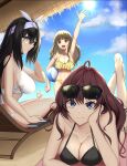  3girls :3 :d absurdres ahoge alternate_hairstyle arisugawa_ya ball bare_shoulders barefoot beach beach_chair beachball bikini black_bikini black_hair blue_eyes blue_sky breasts brown_hair cleavage cloud collarbone commentary day hair_between_eyes hairband highres ichinose_shiki idolmaster idolmaster_cinderella_girls kamiya_nao large_breasts looking_at_viewer looking_back lying multiple_girls navel on_stomach open_mouth outdoors p-head_producer producer_(idolmaster) red_eyes sagisawa_fumika sitting sky smile sun swimsuit waving white_bikini white_hairband yellow_bikini 