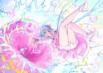  1girl bangs bloomers blue_eyes blue_hair breasts chinese_commentary choker commentary_request dress envelope falling haiyi high_heels highres holding holding_envelope jellyfish_hair_ornament kyuri_tizu looking_at_viewer medium_breasts short_hair sleeveless sleeveless_dress solo strapless strapless_dress synthesizer_v underwear wrist_cuffs 