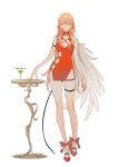  1girl arm_strap bare_shoulders blonde_hair cocktail_glass commentary_request cup dress drinking_glass full_body green_eyes highres long_hair nail_polish niya original red_footwear short_dress simple_background sketch solo standing thigh_strap tidsean very_long_hair white_background wings 