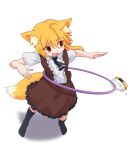  &lt;o&gt;_&lt;o&gt; 1girl ahoge animal_ear_fluff animal_ears asymmetrical_hair bangs black_legwear black_necktie blonde_hair breasts brown_eyes brown_skirt brown_vest collared_shirt commentary_request cookie_(touhou) eyebrows_visible_through_hair fang fox_ears fox_girl fox_tail frilled_skirt frills full_body hair_between_eyes highres hoop hula_hoop looking_to_the_side medium_hair miramikaru_riran necktie no_shoes omelet open_mouth shirt short_sleeves sidelocks simple_background skirt small_breasts socks solo tail tamagoyaki vest white_background white_shirt yan_pai 