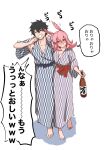  1boy 1girl :d akizora arm_around_shoulder barefoot bath_yukata black_hair bottle breasts cleavage collarbone commentary_request drunk fate/grand_order fate_(series) fujimaru_ritsuka_(male) hair_between_eyes highres hildr_(fate) holding holding_bottle japanese_clothes kimono large_breasts laughing looking_at_another medium_breasts no_bra open_mouth pink_eyes pink_hair sake_bottle simple_background smile speech_bubble sweatdrop translation_request valkyrie_(fate) white_background yagasuri yukata 
