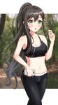  1girl :o alternate_costume alternate_hairstyle baek_hyang&#039;geum bang_dream! bangs bare_shoulders black_hair black_pants black_sports_bra blurry blurry_background blush breasts cellphone cleavage collarbone commentary cowboy_shot earphones eyebrows_visible_through_hair green_eyes groin hair_between_eyes hanazono_tae highres holding holding_earphones holding_phone long_hair looking_at_viewer medium_breasts midriff navel notice_lines open_mouth pants phone phone_request ponytail sidelocks smartphone solo sports_bra standing white_background 