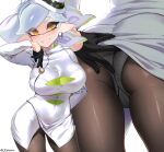  1girl artist_name ass bangs black_gloves blush bralines breasts brown_legwear clothes_lift commentary contrapposto cowboy_shot dress dress_lift earrings fang flashing gloves green_hair grey_hair grin gusset hair_ornament half_gloves highres huge_breasts jewelry jtveemo long_sleeves marie_(splatoon) mtu_virus multicolored_hair multiple_views open_mouth panties pantyhose pointy_ears simple_background skindentation smile splatoon_(series) splatoon_1 squidbeak_splatoon swept_bangs symbol-shaped_pupils tentacle_hair thick_eyebrows tied_hair underwear white_background white_dress white_panties yellow_eyes 