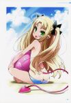  1girl ass astarotte_ygvar ball beach beachball bikini blonde_hair blush cloud commentary day fang green_eyes haga_yui highres long_hair looking_at_viewer looking_back lotte_no_omocha! non-web_source official_art open_mouth pointy_ears scan solo swimsuit tail topless twintails 