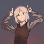  1girl bob_cut brave_witches brown_eyes commentary_request dark edytha_rossmann faux_traditional_media frown gradient gradient_background hand_gesture hands_up highres horns_pose shiratama_(hockey) short_hair silver_hair solo texture upper_body vest world_witches_series 