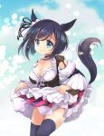  1girl absurdres animal_ears bangs black_hair blue_eyes bodice breasts chibitan choker cleavage clothes_lift dirndl ear_ornament eishin_flash_(umamusume) eyebrows_visible_through_hair german_clothes highres horse_ears horse_girl horse_tail looking_at_viewer medium_breasts red_choker scoop_neck short_hair skirt skirt_lift smile solo tail thighhighs umamusume 