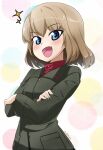  1girl :d abimaru_gup bangs blonde_hair blue_eyes bob_cut commentary crossed_arms eyebrows_visible_through_hair fang girls_und_panzer green_jacket highres jacket katyusha_(girls_und_panzer) long_sleeves looking_at_viewer multicolored_polka_dots open_mouth polka_dot polka_dot_background pravda_school_uniform red_shirt school_uniform shirt short_hair smile solo sparkle turtleneck twitter_username upper_body 