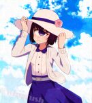  1girl bangs belt blue_eyes blue_skirt blush cloud commentary cyclops flower fooring hands_on_headwear hat hat_flower highres jacket manako monster_musume_no_iru_nichijou one-eyed pink_flower pink_rose rose short_hair skirt sky smile solo sun_hat twitter_username white_jacket 