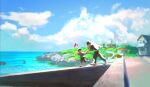  2boys beach black_hair black_jacket black_pants blue_sky commentary_request day elio_(pokemon) guzma_(pokemon) highres holding_hands hood hooded_jacket jacket jewelry male_focus meipu_hm multiple_boys ocean outdoors pants pokemon pokemon_(creature) pokemon_(game) pokemon_sm rotom rotom_dex scenery shirt short_hair short_sleeves sky striped striped_shirt t-shirt team_skull watch white_hair white_shirt wristwatch 