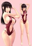 1girl akagi_(kancolle) armpits arms_behind_head arms_up bad_id bad_twitter_id bangs bare_arms bare_legs barefoot blush breasts brown_eyes brown_hair closed_mouth clothing_cutout covered_nipples eyebrows_visible_through_hair full_body hair_between_eyes highleg highleg_swimsuit highres kantai_collection long_hair looking_at_viewer medium_breasts multiple_views navel navel_cutout one-piece_swimsuit pink_background red_swimsuit shiny shiny_hair simple_background smile standing stomach swimsuit toes wa_(genryusui) 