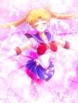  1girl bishoujo_senshi_sailor_moon blonde_hair blue_sailor_collar blue_skirt blush bow bowtie closed_eyes collarbone collared_shirt double_bun elbow_gloves floating_hair gloves hair_intakes hatomura_(tareneko_club) highres long_hair magical_girl miniskirt open_mouth pleated_skirt red_bow red_bowtie sailor_collar sailor_collar_lift sailor_moon sailor_senshi_uniform sailor_shirt shirt short_sleeves skirt solo standing tsukino_usagi twintails very_long_hair white_gloves white_shirt 