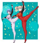  2girls alternate_breast_size ass_visible_through_thighs ayanami_rei ayanami_rei_(cosplay) ballet blue_hair bodysuit closed_mouth commentary_request confetti cosplay dancing full_body gloves gradient_hair green_eyes hairpods kageki_shoujo!! looking_at_viewer multicolored_bodysuit multicolored_clothes multicolored_hair multiple_girls narata_ai neon_genesis_evangelion orange_bodysuit outstretched_arm partial_commentary plugsuit sawano_kiyoshi skin_tight smile souryuu_asuka_langley souryuu_asuka_langley_(cosplay) twintails watanabe_sarasa 